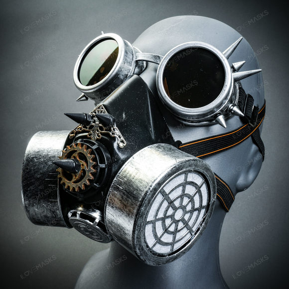 Silver Steampunk Spike Goggle w/ Party Spike Gas Mask Halloween Party Costume - Picture 5 of 8
